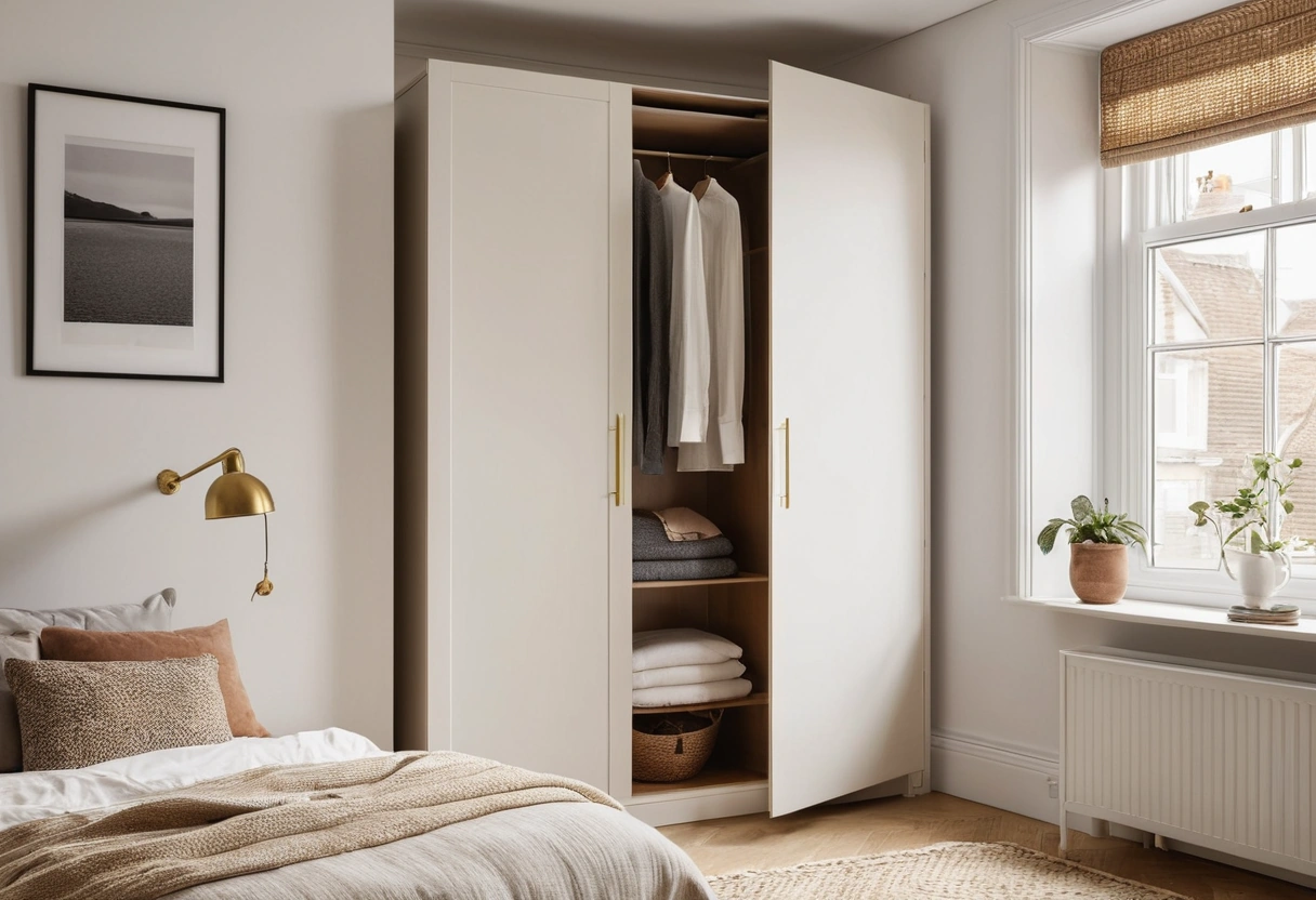 A tall corner wardrobe with one door open, showing hanging clothes and folded stacks inside a small bedroom.