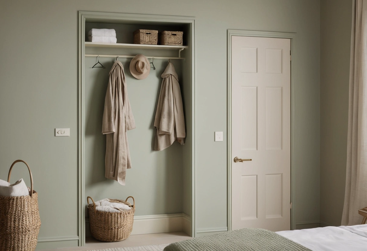 Hooks on the back of a bedroom door holding robes and bags, next to wall shelves with baskets and folded textiles.