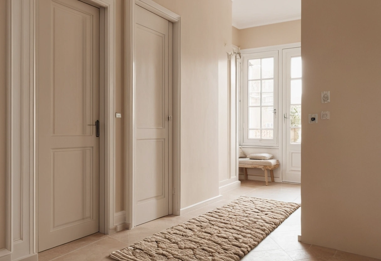 A runner rug, wall hooks, and a small shelf marking an entry area beside an apartment front door.