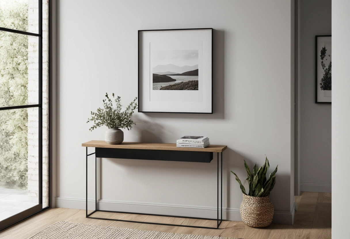 A slim console with a key bowl against a hallway wall, and a floating shelf farther along the passage.