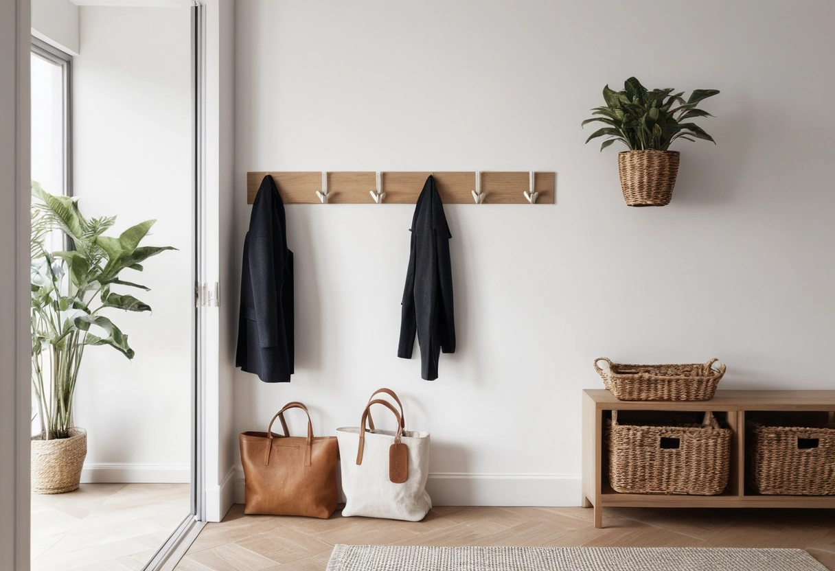 A wall by a door with a row of oak hooks holding coats and a shelf with baskets mounted above.