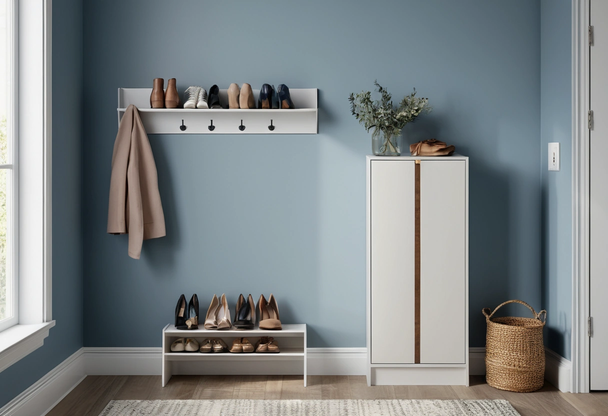 A slim white tilt out shoe cabinet against a blue entry wall, one compartment open with shoes stored upright.