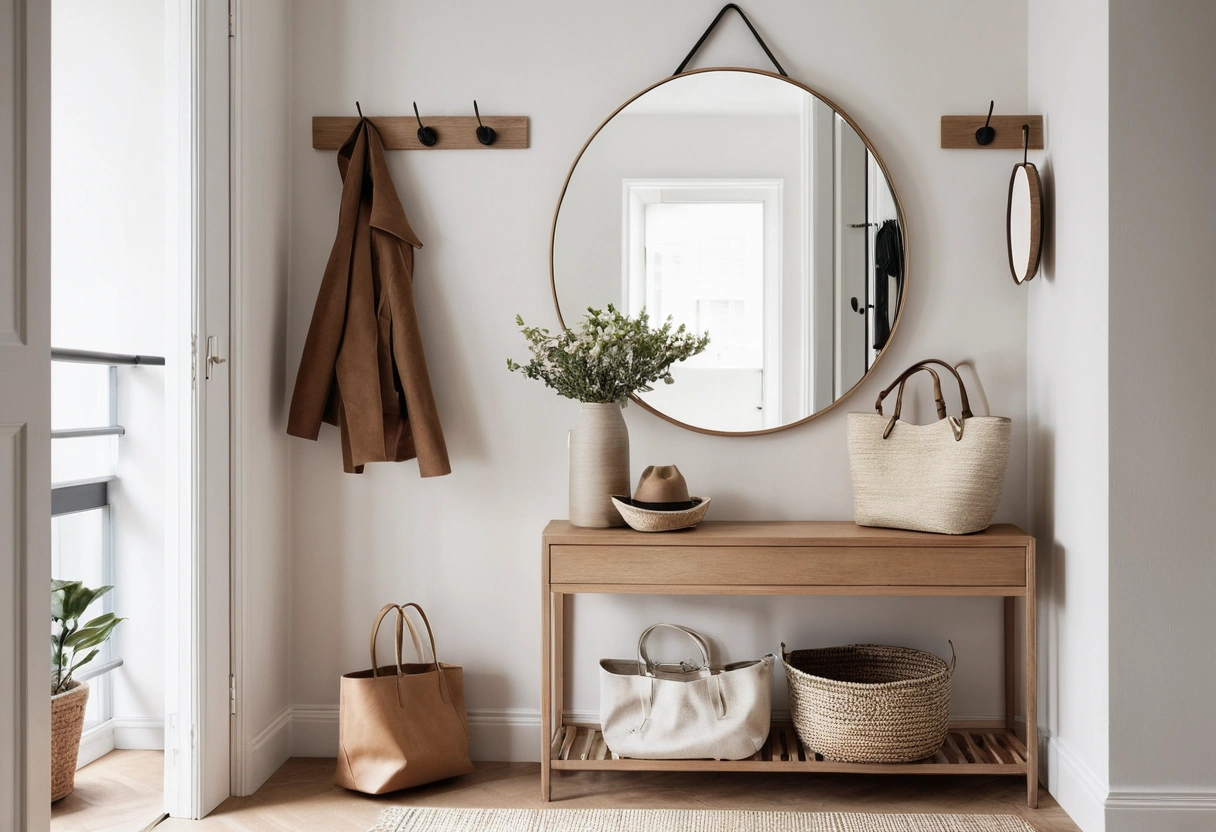 An entry nook with a slim console and mirror, wall hooks holding a coat and bag, and a narrow shoe rack.