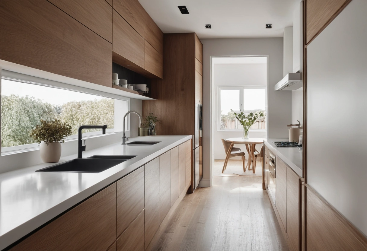 A galley kitchen viewed down its central aisle, with wood lower cabinets and white uppers on both sides.