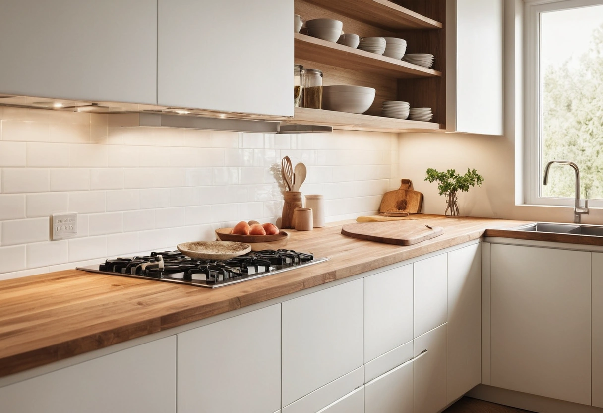 A cleared stretch of butcher block counter between a sink and a cooktop, with a cutting board and one bowl set out.