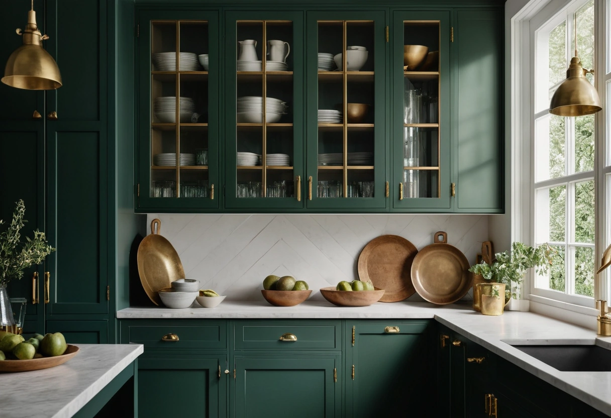 Green kitchen cabinets stacked to the ceiling, with glass front doors on the top row showing pitchers and bowls.