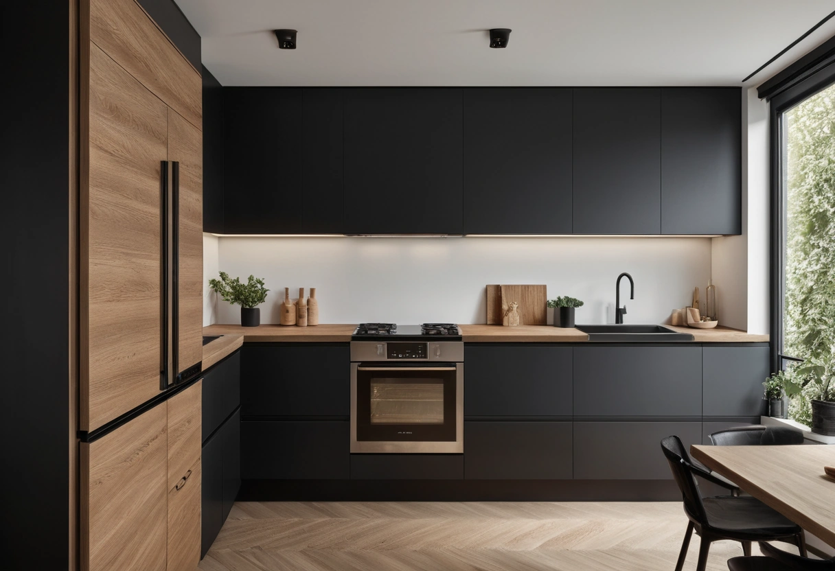 A compact kitchen wall with a slim refrigerator flush with the cabinets and a narrow range beside it.