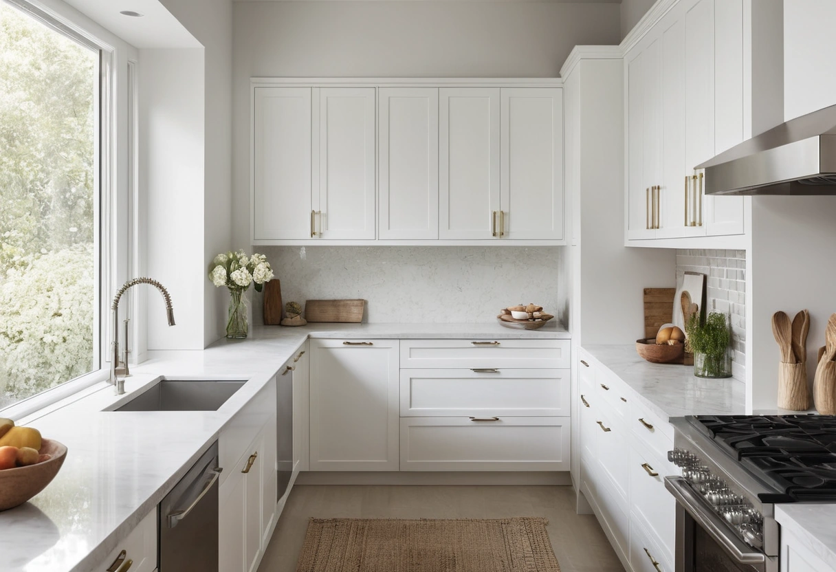 A narrow galley kitchen with white cabinets to the ceiling, clear counters, and a window at the far end.