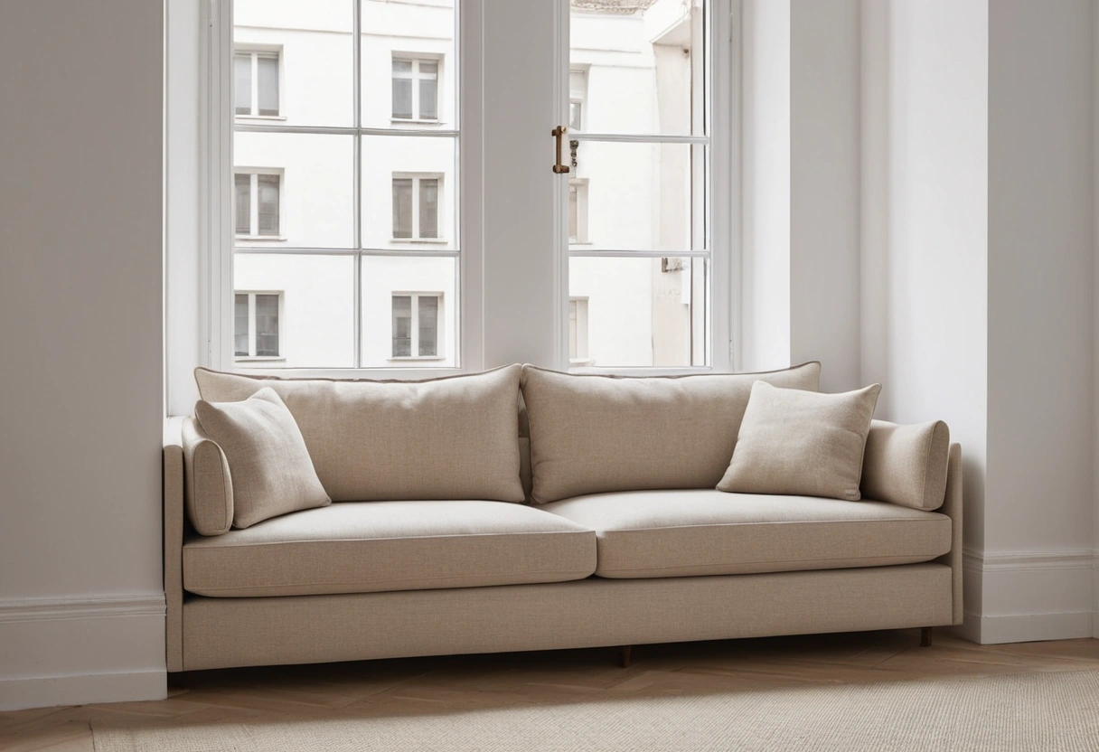 A shallow beige two seat sofa against a white wall with open floor space around it and a tall window to one side.