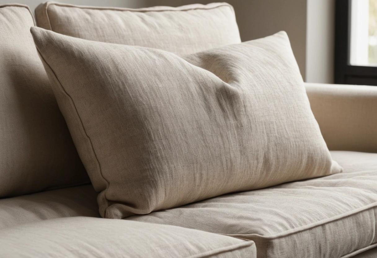 A close view of a linen sofa with thin straight arms and a tight upholstered back in soft daylight.