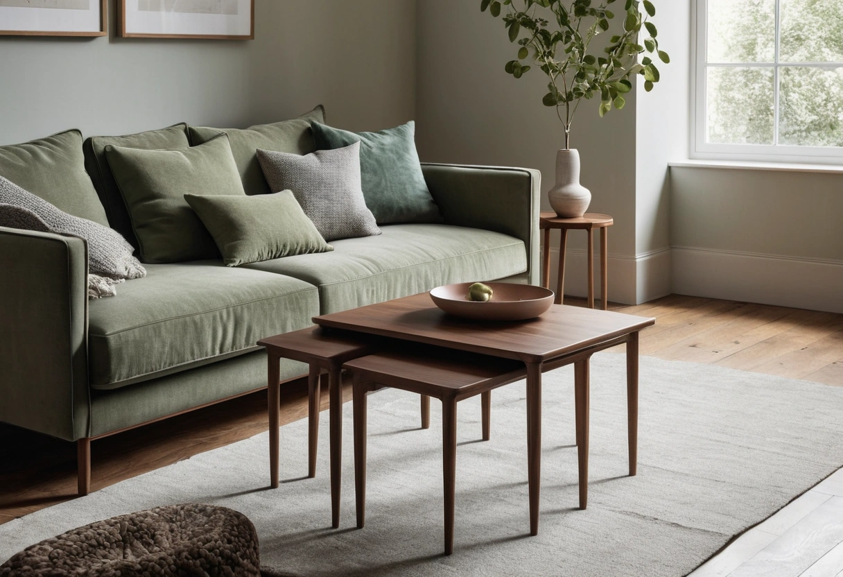 Two walnut nesting tables beside a green sofa, with an open rug where a coffee table would normally sit.