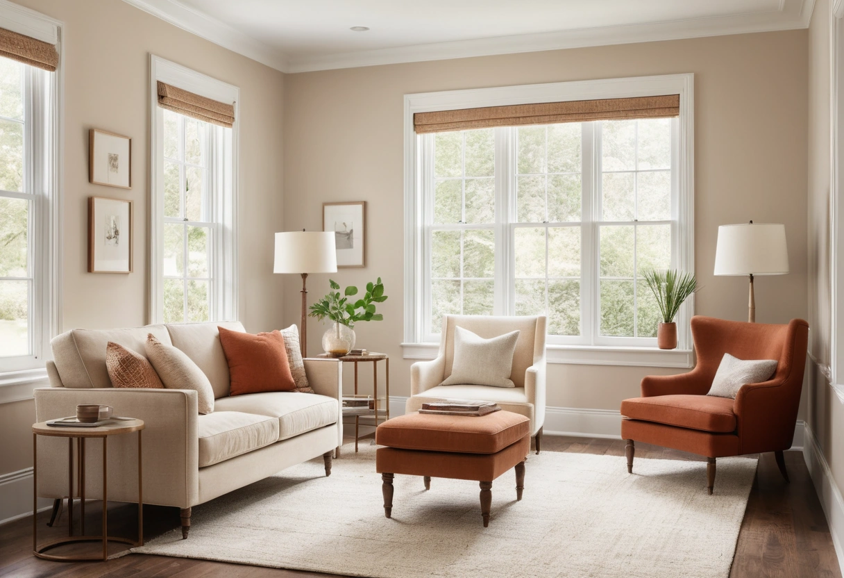 A cream loveseat and a rust armchair angled toward each other in a small room with a clear path to the window.