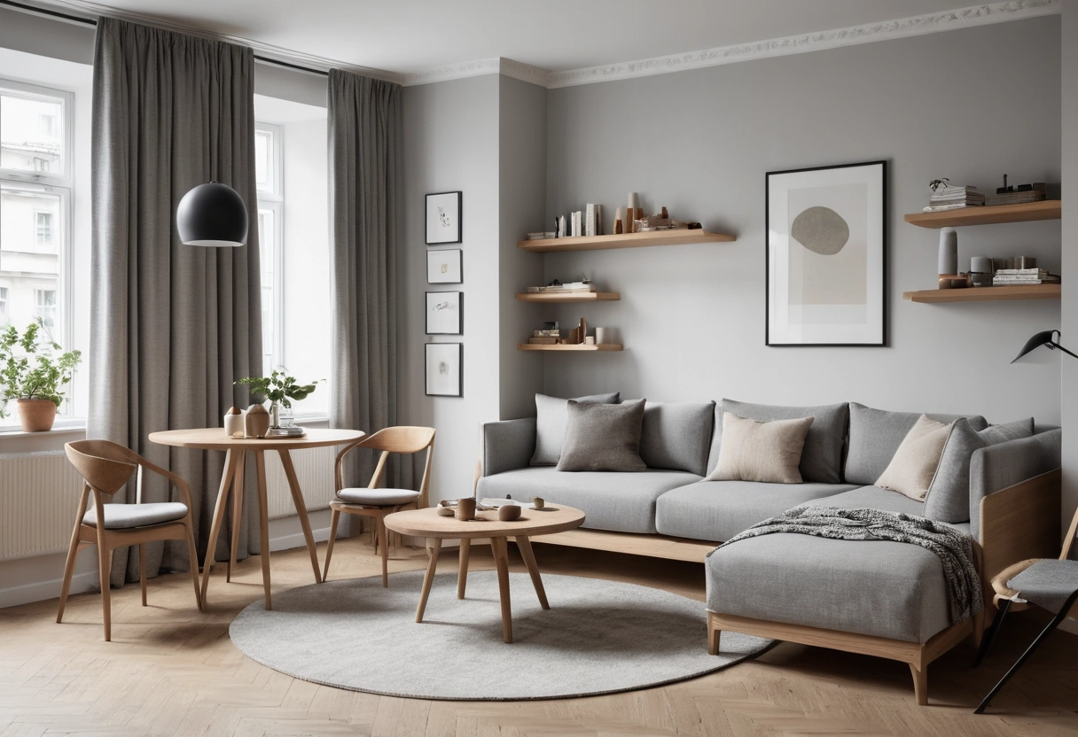 A studio seen from the corner, with a low bed, a compact sofa, a round dining table, and a slim desk each in its own area.