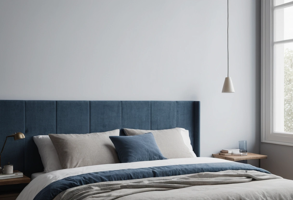 A bed pushed into the corner of a studio with its side against the wall and a tall window above the headboard.