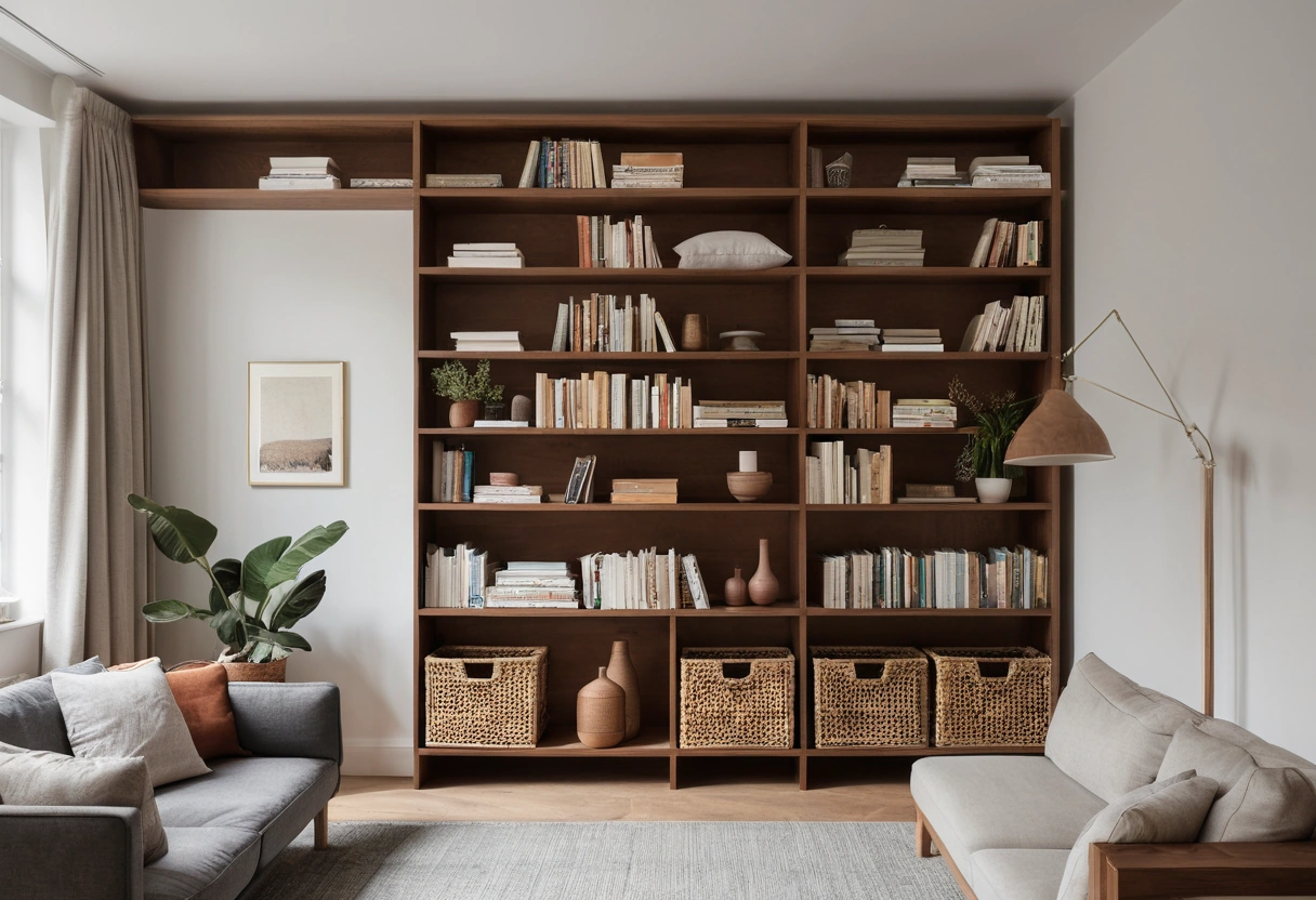 An open shelving unit standing between a bed and a sofa in a studio, with light passing through the shelves.