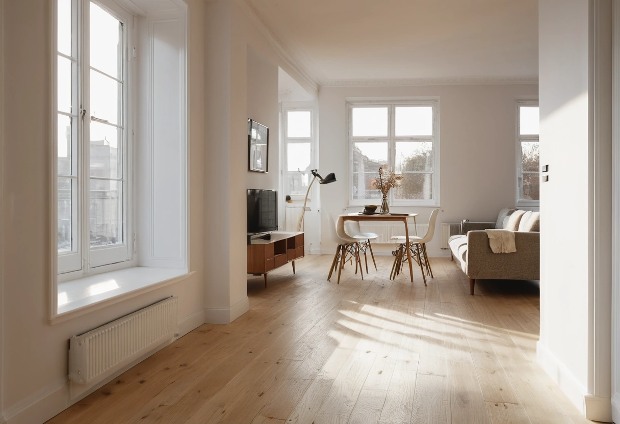A clear strip of wood floor running from the door of a studio past the furniture to the window.