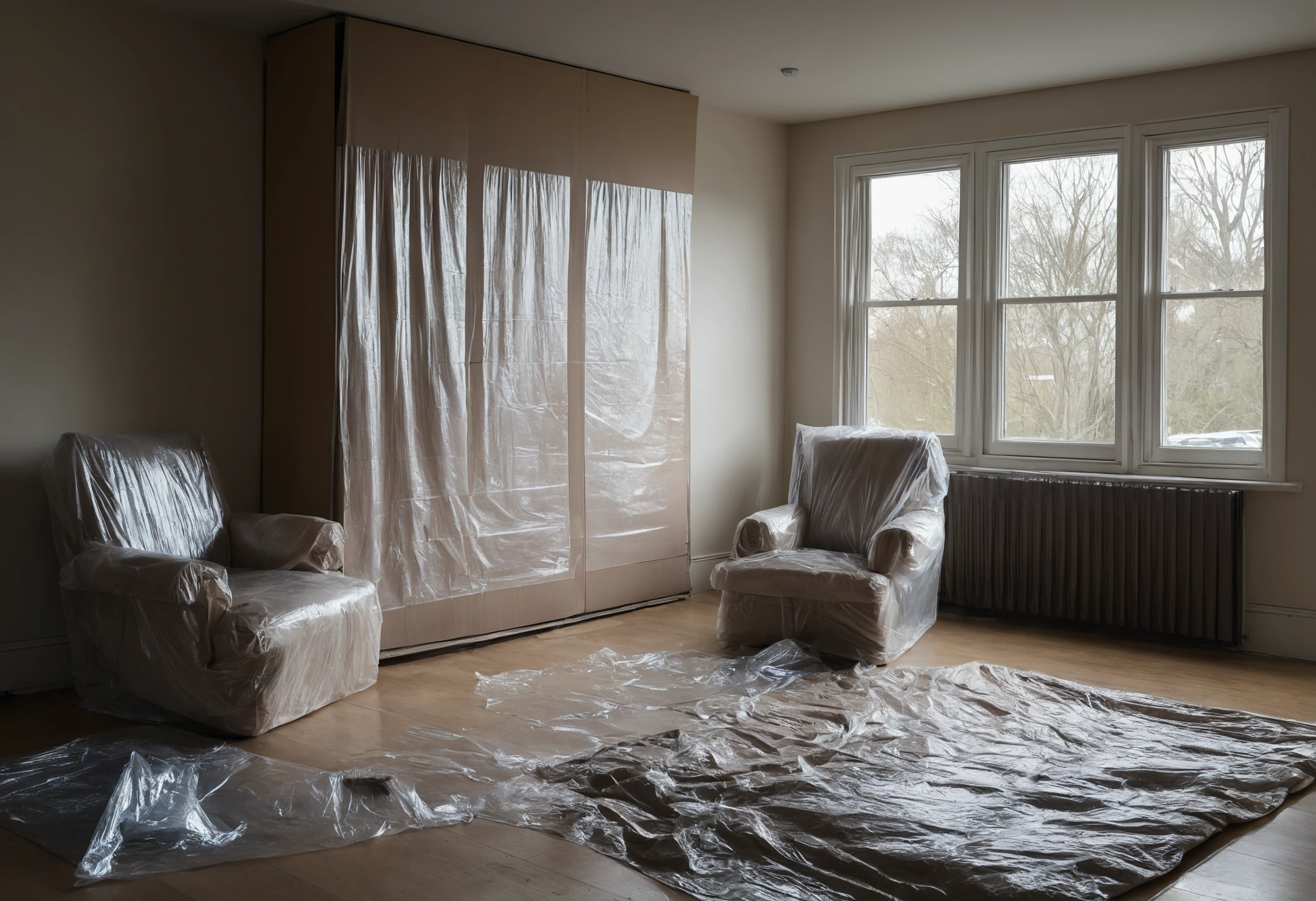 Interior installation in progress with wrapped furniture, protected floors and partly placed pieces