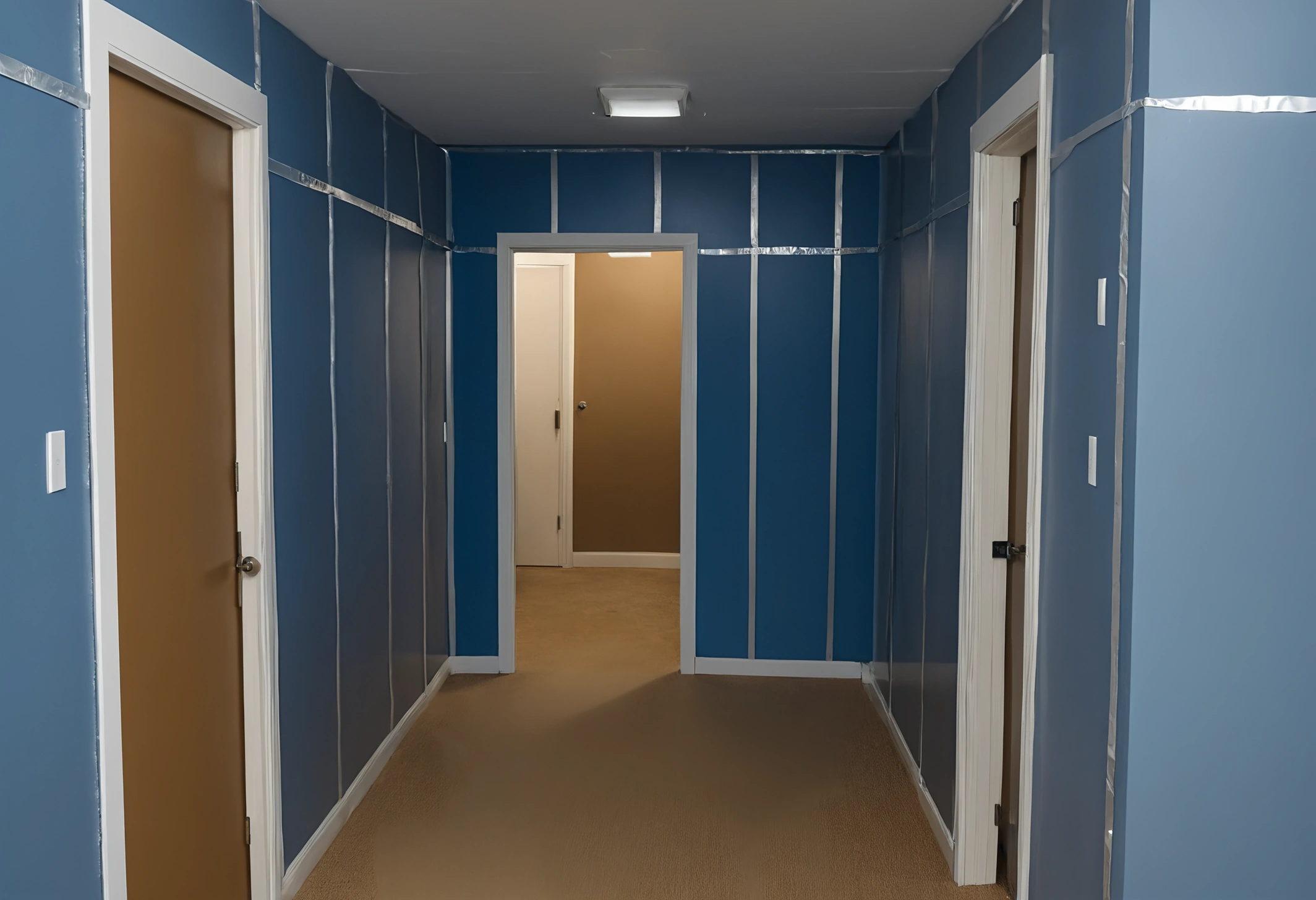 Corridor with floor protection boards and corner guards installed along a furniture delivery route
